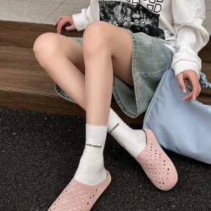 Spring Summer Lazy Slippers Genuine Leather Hollow Breathable Slip On Thick Sole Covered Toe Women's Boho Half Slippers