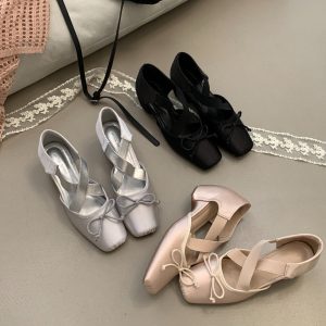 Satin Square Toe Mary Jane Shoes with 5CM Hidden Heel Bowknot 2026 Summer Pig Nose Low Cut