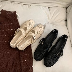 Korean Style Hollow Woven Mary Jane Ballet Flat Shoes 2026 New Summer Soft Round Toe